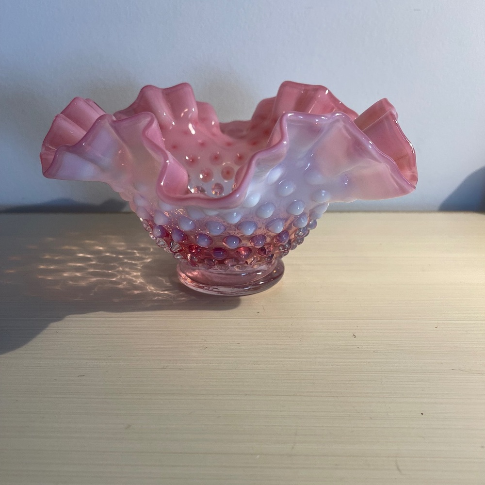 Vintage Fenton Cranberry Opalescent Hobnail Glass Bowl